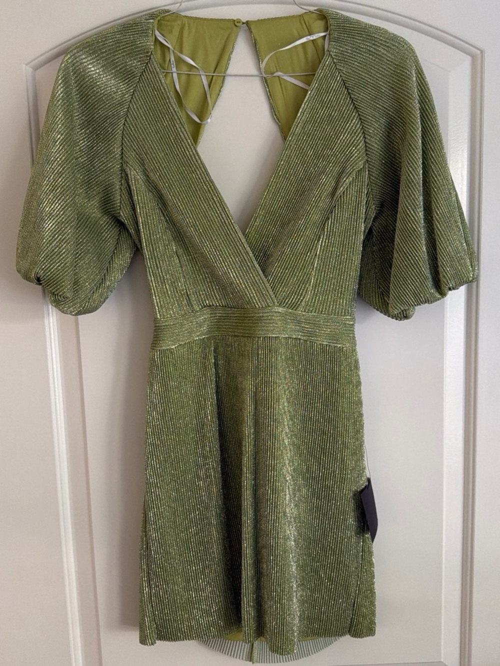 NWT. Lulu's Olive Green Metallic V-Neck Mini Dress